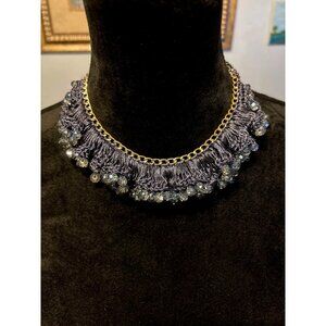 Navy Blue Beaded Collar Necklace Gold Chain Adjustable Lobster Clasp Handcrafted